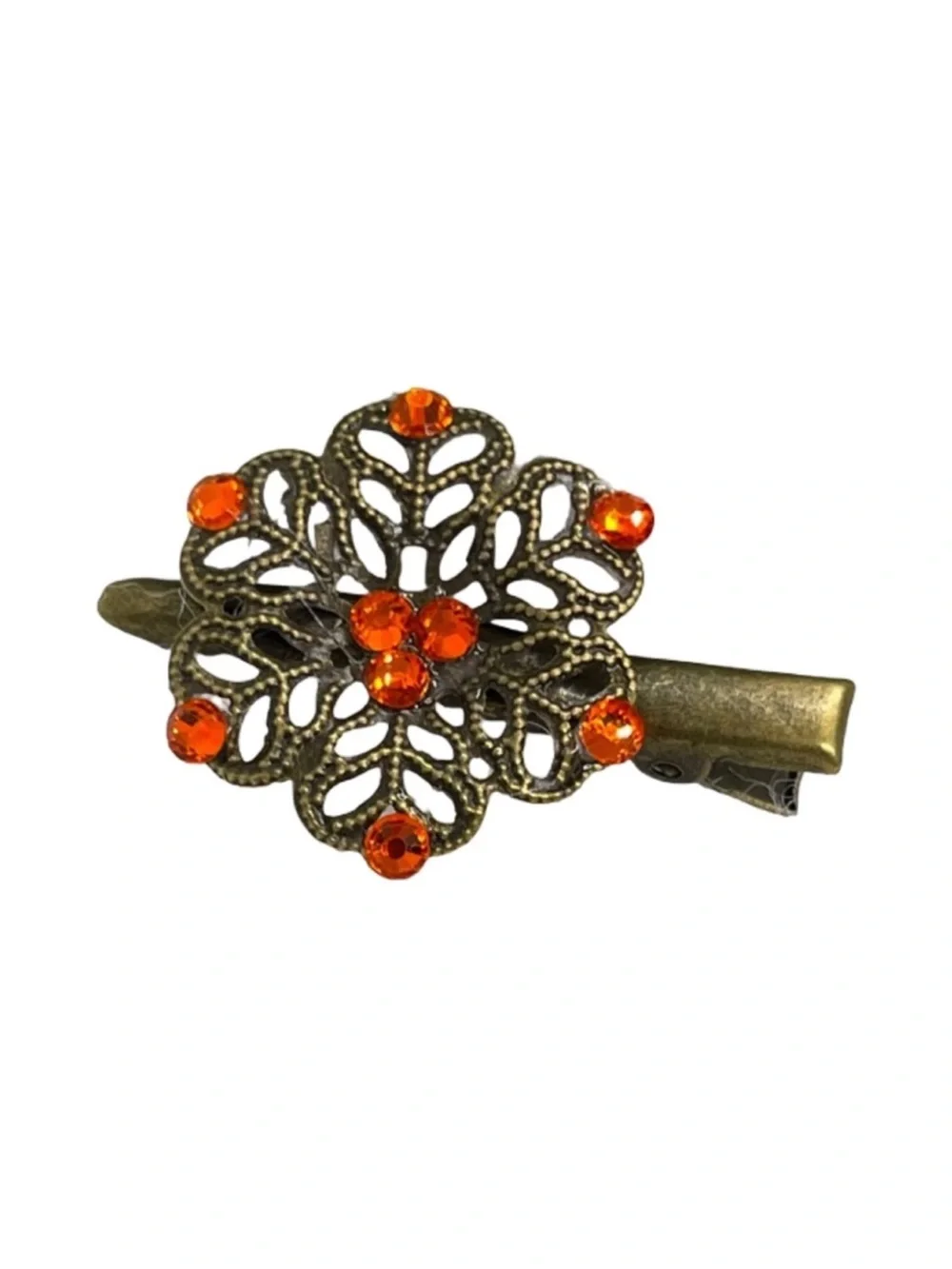 Vintage-Inspired Floral Hair Clip with Orange Crystal Accents